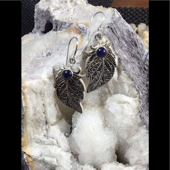 Blue Sodalite Stone & Sterling Silver Feather Earrings, NEW - Picture 1 of 5